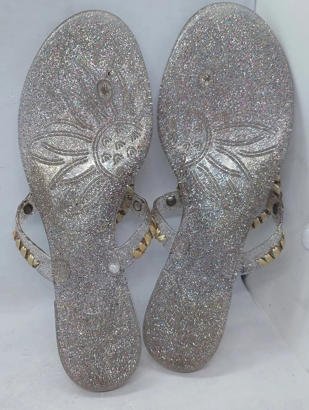 Jack Rogers Gold Flip Flop Sandals Metallic Jelly Sparkles Flat Slip On 8